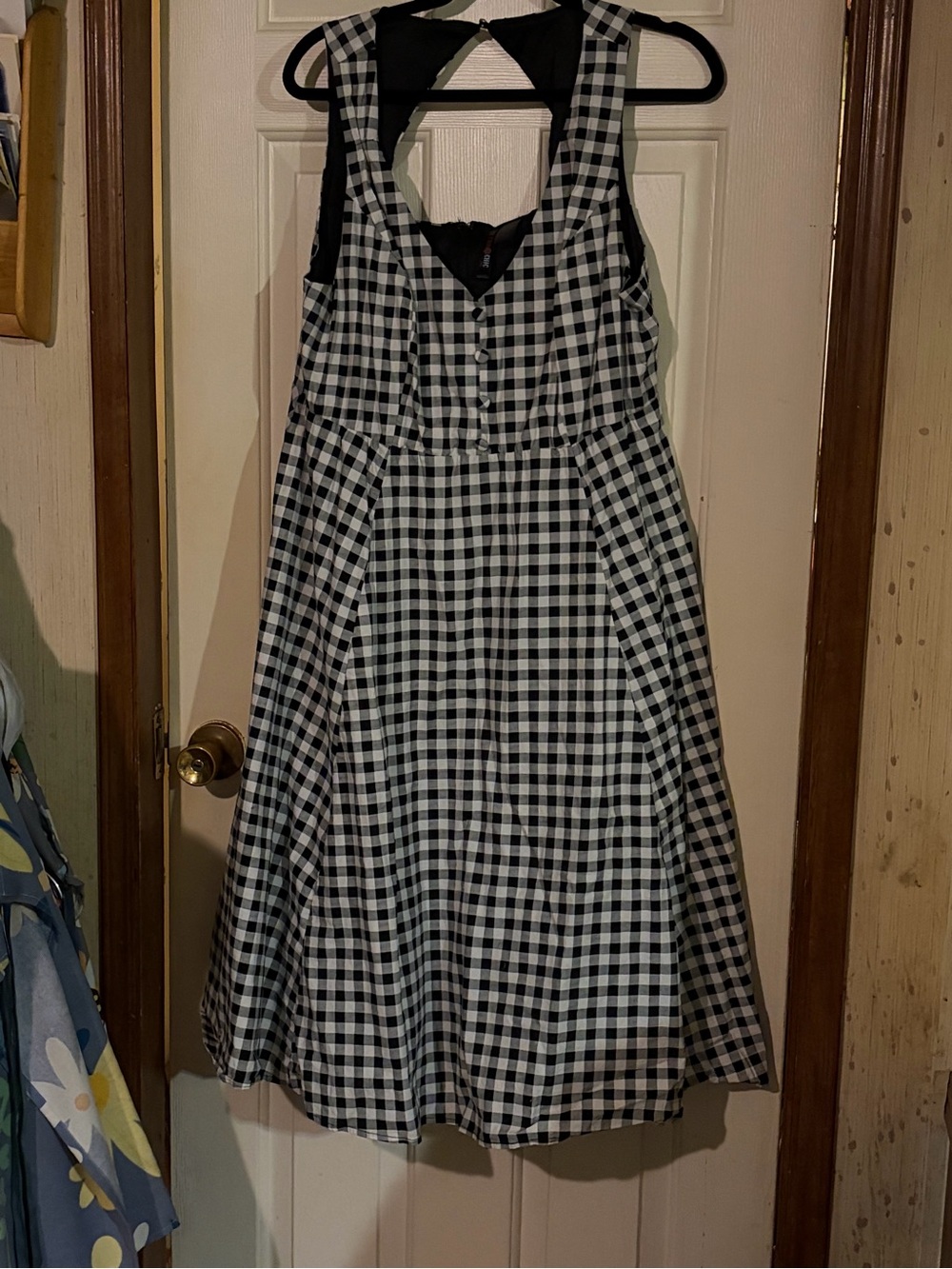 Black and White Gingham Midi Dress with Button Front